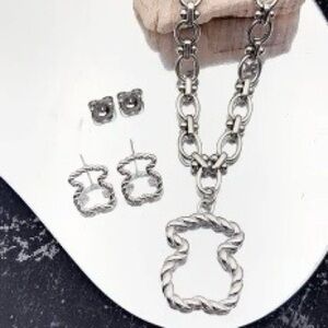 Silver Plated Tous Rope Link Necklace and Earrings Set